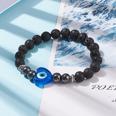 Natural Lava Rock & Synthetic Hematite Stretch Bracelet BJEW-JB08323-01-1