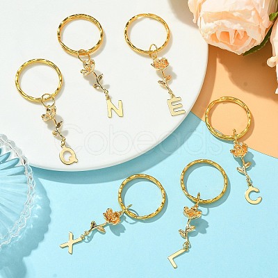 Brass Flower & 201 Stainless Steel Letter A~Z Pendant Keychain KEYC-JKC00801-1