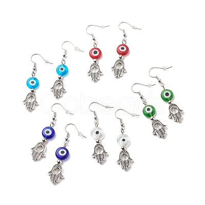 Lampwork Evil Eye with Hamsa Hand Dangle Earrings EJEW-JE05007-1