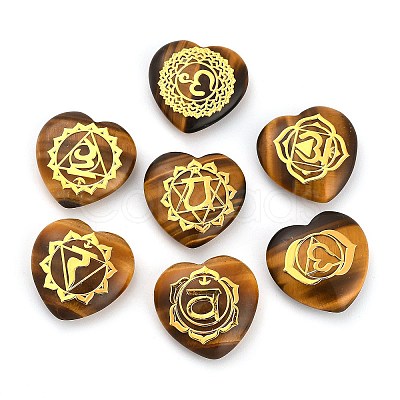 7Pcs 7 Styles Chakra Natural Tiger Eye Love Heart Ornaments Figurines G-P533-01C-1