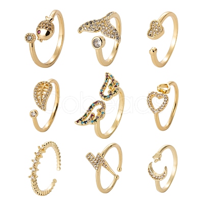 9Pcs 9 Style Brass Micro Pave Clear Cubic Zirconia Cuff Rings RJEW-LS0001-47G-1