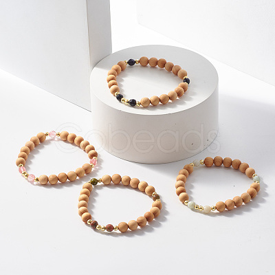 Natural Wood & Gemstone Beaded Stretch Bracelet BJEW-JB07820-1