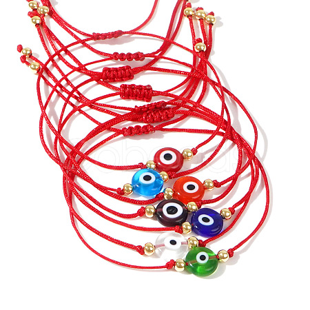 Adjustable Ethnic Red Woven Cord Glass Evil Eye Link Braided Bracelet Sets HN8708-1