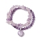 2pcs 2 Styles 6mm Round & Chip Natural Amethyst Beaded Stretch Bracelet Sets, Heart Charm Stackable Bracelets for Women, Inner Diameter: 2-1/8~2-3/8 inch(5.5~6cm), 1pc/style