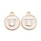 Golden Plated Alloy Charms, Cadmium Free & Lead Free, with Enamel, Enamelled Sequins, Flat Round with Letter, White, Letter.U, 14x12x2mm, Hole: 1.5mm