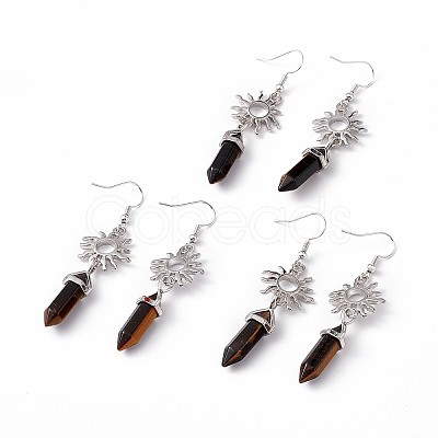 Natural Tiger Eye Bullet with Sun Dangle Earrings EJEW-I276-01P-08-1