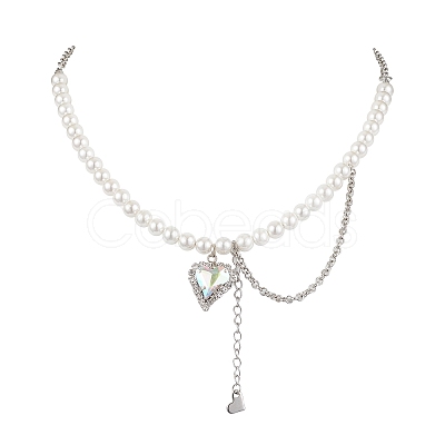 Heart Glass Rhinestone Pendant Necklaces NJEW-JN04809-1