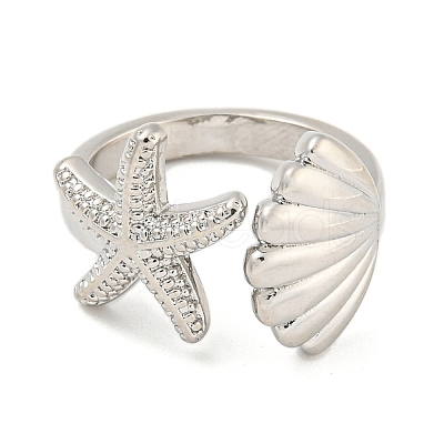 Starfish & Shell Rack Plating Brass Open Cuff Rings RJEW-N047-02P-RS-1