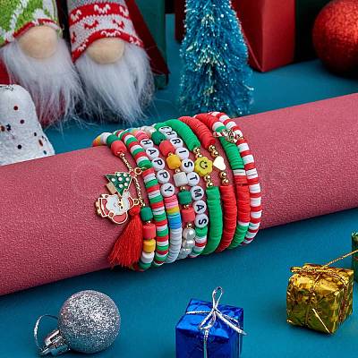 9Pcs 9 Style Word Happy Christmas Handmade Polymer Clay Heishi Surfer Stretch Bracelets Set with Acrylic Pearl sgBJEW-SW00070-1