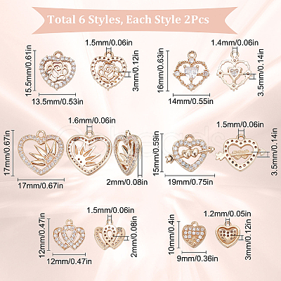 SUNNYCLUE 12Pcs 6 Style Valentine's Day Brass Micro Pave Cubic Zirconia Pendants KK-SC0003-16-1