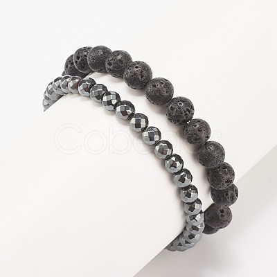 2Pcs 2 Style Natural Lava Rock & Synthetic Hematite Stretch Bracelets Set with Alloy Wings BJEW-JB08021-1