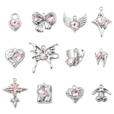 12Pcs 12 Style Rack Plating Alloy with Pink Glass Pendants FIND-YW0003-35-1