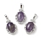 Natural Amethyst Oval Pendants, Platinum Tone Brass Micro Pave Clear Cubic Zirconia Flower Charms, Long-Lasting Plated, Lead Free & Cadmium Free, 30x19x10mm, Hole: 7.8x5mm