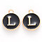 Golden Plated Alloy Charms, Cadmium Free & Lead Free, with Enamel, Enamelled Sequins, Flat Round with Letter, Black, Letter.L, 14x12x2mm, Hole: 1.5mm