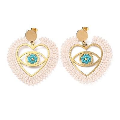 Heart with Eye Woven Glass & Brass Beaded Dangle Stud Earrings EJEW-A105-04G-01-1