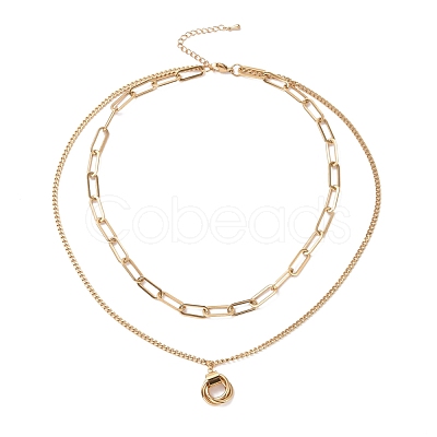 PVD Vacuum Plating 304 Stainless Steel Double Chains Multi Layered Necklace with Rings Charm for Women STAS-E155-15G-1