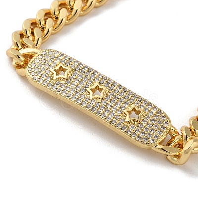 Brass Micro Pave Clear Cubic Zirconia Curved Rectangle with Hollow Star Cuban Link Chains Bracelets for Women BJEW-M322-03G-B-1