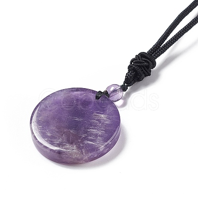 Natural Amethyst Flat Round with Hexagon Pendant Necklace with Nylon Cord for Women NJEW-P274-05-02-1