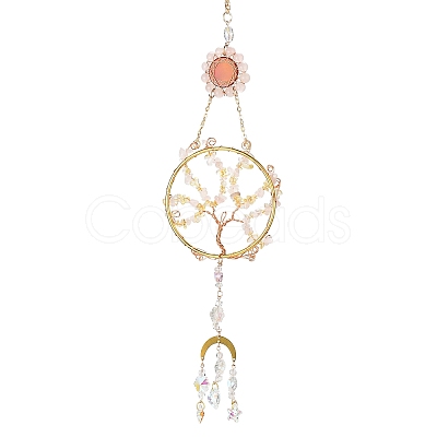 Flat Round with Tree of Life Copper Wire Wrapped Natural Citrine Chip Pendant Decorations AJEW-Q143-10-1