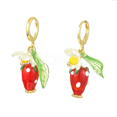 Lampwork Strawberry with Plastic Pearl Flower Dangle Leverback Earring EJEW-TA00130-1