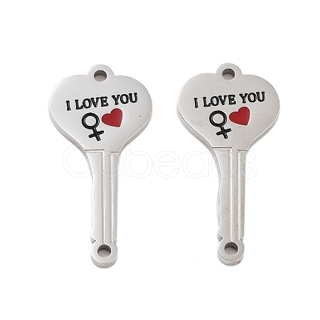 304 Stainless Steel Black & FireBrick Enamel Female I Love You Key Connector Charms STAS-Z078-18P-1