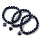 8.5mm Round Natural Lapis Lazuli Dyed Beaded Stretch Bracelets, Heart Charm Bracelets with Brass Bails for Women, Inner Diameter: 2-1/8 inch(5.5cm)