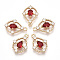 Golden Tone Brass Pendants, with Faceted Glass and Rhinestone, Teardrop, Red, 17x12.5x3.5mm, Hole: 1.2mm