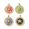 Rack Plating Brass Cubic Zirconia Pendants, with Enamel & Shell, Long-Lasting Plated, Lead Free & Cadmium Free, Real 18K Gold Plated, Flat Round with Flower, Mixed Color, 26x23x4mm, Hole: 5x4mm