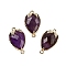 Natural Amethyst Faceted Teardrop Connector Charms, Brass Strawberry Links, Golden, 20x11.5x5mm, Hole: 1.2mm