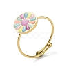 Ion Plating(IP) Flat Round with Flower 304 Stainless Steel Enamel Ring RJEW-A038-07G-1