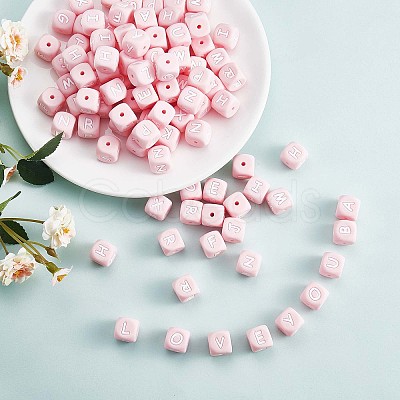 20Pcs Pink Cube Letter Silicone Beads 12x12x12mm Square Dice Alphabet Beads with 2mm Hole Spacer Loose Letter Beads for Bracelet Necklace Jewelry Making JX435A-1