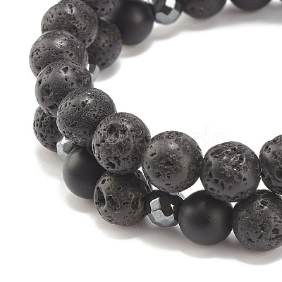 2Pcs 2 Style Natural Lava Rock & Synthetic Hematite Stretch Bracelets with Alloy Lotus & Buddha Head BJEW-JB08026-1