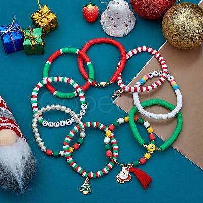 9Pcs 9 Style Word Happy Christmas Handmade Polymer Clay Heishi Surfer Stretch Bracelets Set with Acrylic Pearl sgBJEW-SW00070-1