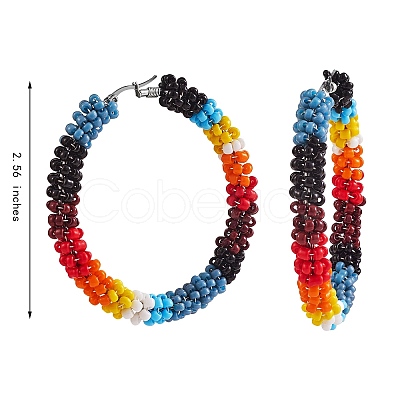 Boho Glass Seed Beaded Big Huggie Hoop Earrings for Women EJEW-SW00003-1