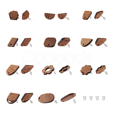 Fashewelry 22Pairs 11 Style Walnut Wood Stud Earring Findings MAK-FW0001-01-1