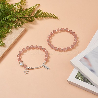 2Pcs 2 Style Natural Strawberry Quartz & Synthetic Moonstone Beaded Stretch Bracelets Set BJEW-TA00240-1