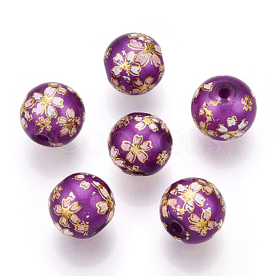 Flower Picture Printed Glass Round Beads GLAA-J089-10mm-B03-1