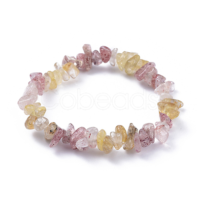 Natural Gold Rutilated Quartz & Strawberry Quartz Chip Stretch Bracelets BJEW-JB04490-02-1