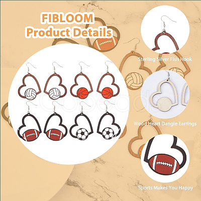 FIBLOOM 4 Pairs 4 Styles Sport Theme Wood Heart Dangle Earrings for Women EJEW-FI0001-55-1