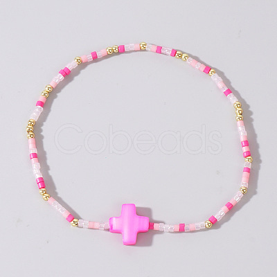 Beach Vacation Style Shell Cross & Glass & Brass Beaded Stretch Bracelets for Women FP3154-4-1