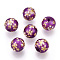 Flower Picture Printed Glass Round Beads, Dark Violet, 10mm, Hole: 1mm