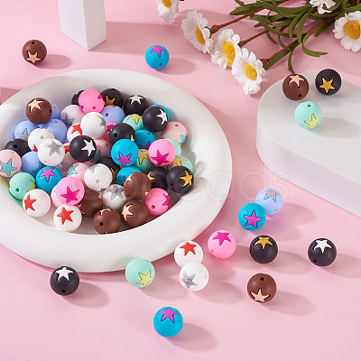 Pandahall 50Pcs 10 Colors Round with Star Food Grade Eco-Friendly Silicone Beads SIL-TA0001-47-1