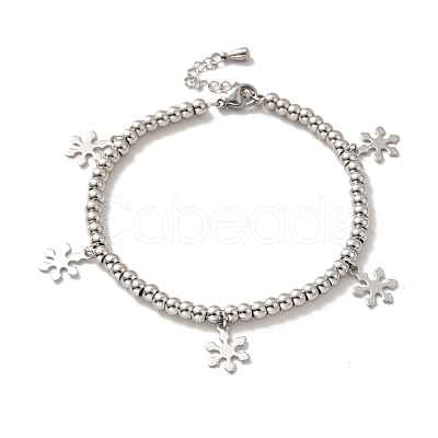 Tarnish Resistant 304 Stainless Steel Snowflake Charm Bracelet with 201 Stainless Steel Round Beads for Women BJEW-B057-14P-1