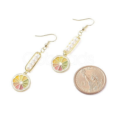 Shell Pearl with Enamel Lemon Dangle Earrings EJEW-TA00071-1