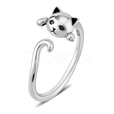 Anti-Tarnish Rhodium Plated 925 Sterling Silver Cute Cat Ring Adjustable Half Open Ring Platinum Plated Ring Zircon Finger Ring Lovely Animal Jewelry Gift for Women JR952A-1