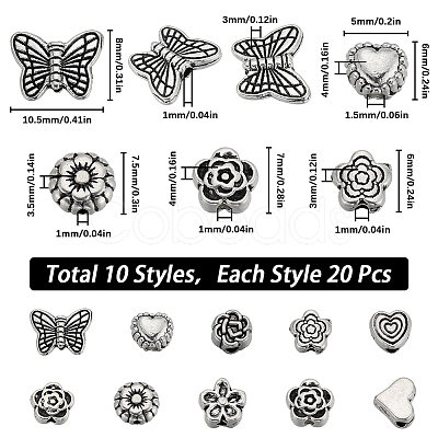 SUNNYCLUE 200Pcs 10 Styles Tibetan Style Alloy Beads FIND-SC0008-21-1