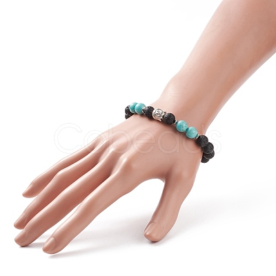 Natural Lava Rock & Synthetic Green Turquoise(Dyed) Stretch Bracelet with Alloy Beaded BJEW-TA00147-04-1