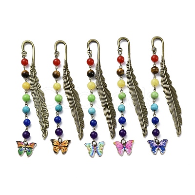 Butterfly Alloy Enamel Pendant Bookmark with Chakra Gemstone Bead AJEW-JK00253-1