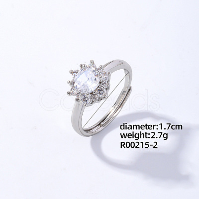 Flower Platinum Brass Adjustable Ring with Cubic Zirconia EG7863-30-1