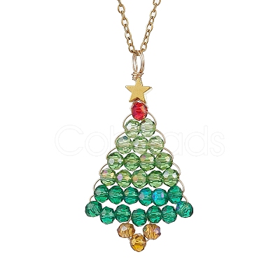 Glass Christmas Tree Pendant Necklaces NJEW-JN05078-1